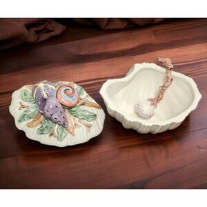 Fitz and Floyd Oceana Collection Sugar Bowl with Lid and Spoon Nautical Shells